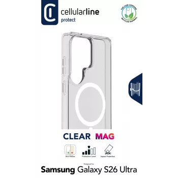Cellularline Clear Mag - Galaxy S26 Ultra ultra-slijtvaste transparante hoes met rubberen rand, compatibel met het Qi2-ecosysteem en magnetische accessoires, behandeld tegen vergeling.