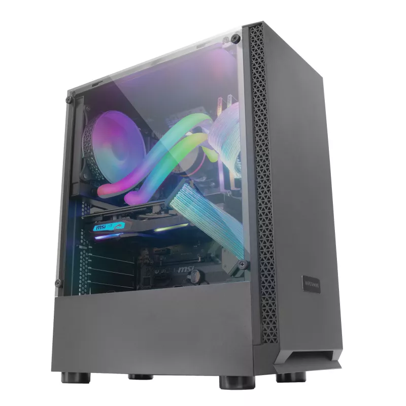 Mars Gaming MCN2 ATX gaming-pc-behuizing met volledig zijvenster, grille, tweekamerontwerp, achterste 12cm-ventilator, zwart
