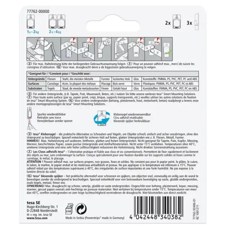 Universele binnenhaak Tesa 77762-00000-01 – wit, 2-pack
