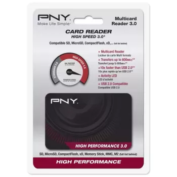 PNY High Performance Reader 3.0 kaartlezer USB 3.2 Gen 1 — CF, SD, microSD, Memory Stick, MMC, zwart