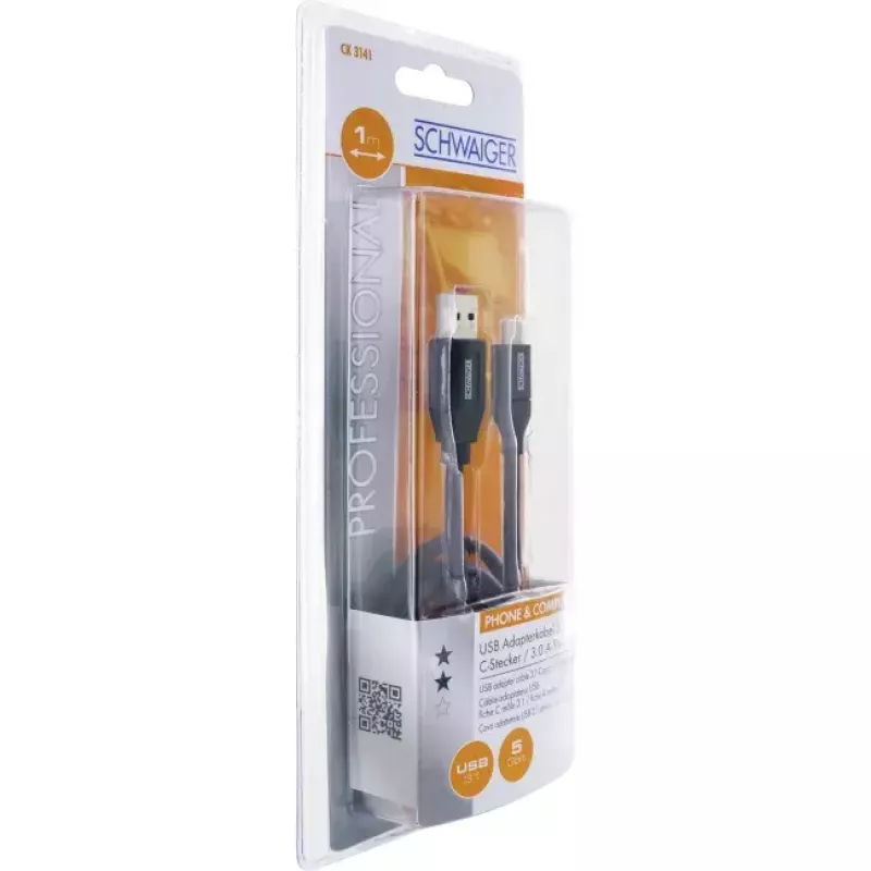 USB-kabel Schwaiger CK 3141 USB 3.2 Gen 1 1m USB A USB C zwart