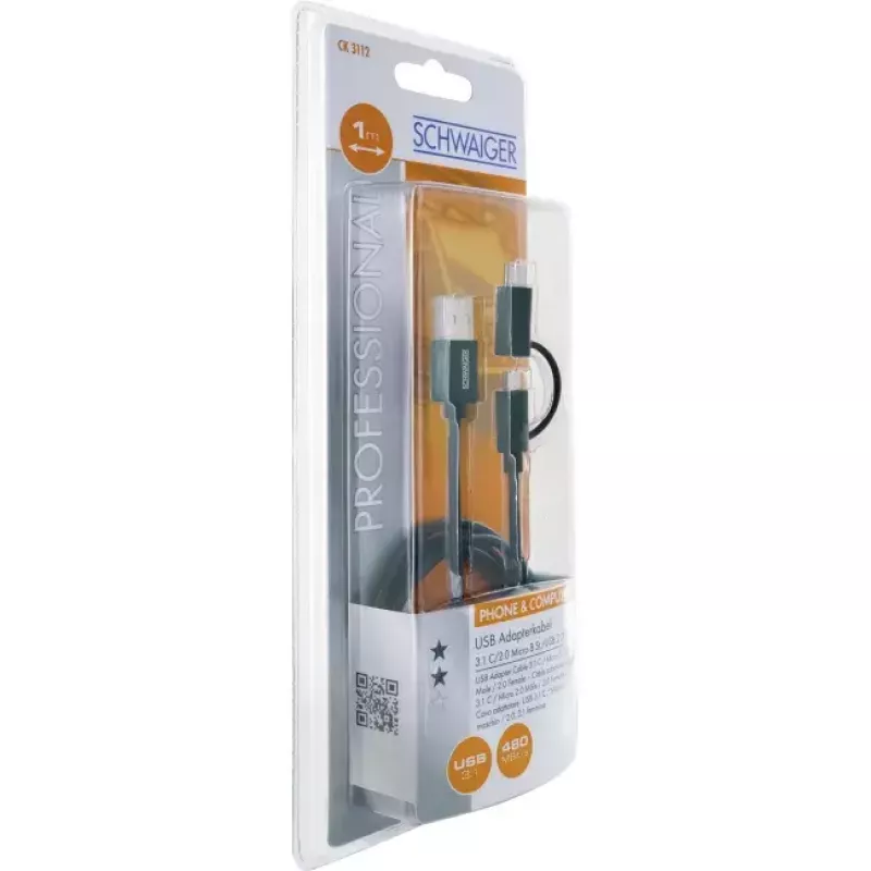 Schwaiger USB-kabel CK 3112 USB 2.0 1m USB A Micro-USB B zwart