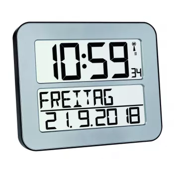 Digitale wekker TFA 60.4512.54 — rechthoekig zilver, batterij AA, kunststof behuizing, 30×212×258 mm