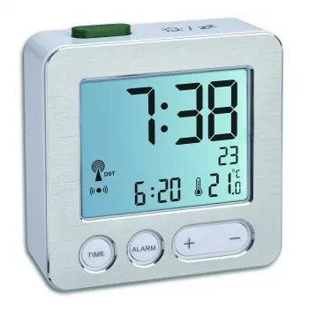 Digitale wekker TFA 60.2545.54 — rechthoekig, zilveren LCD, blauwe achtergrondverlichting, batterij (AAA)