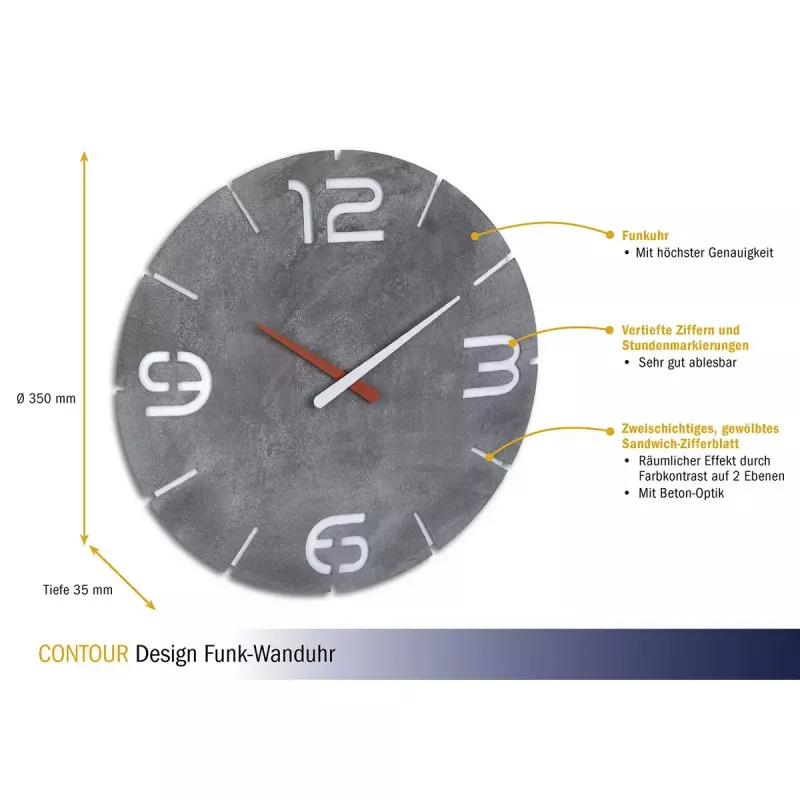 Wandklok TFA-Dostmann CONTOUR rond grijs wit 35 cm