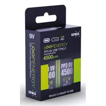 Oplaadbaar 9V-batterijpak VERICO LoopEnergy PP3 4500 — Li-Ion, 2 stuks, 500 mAh, USB-C-laden