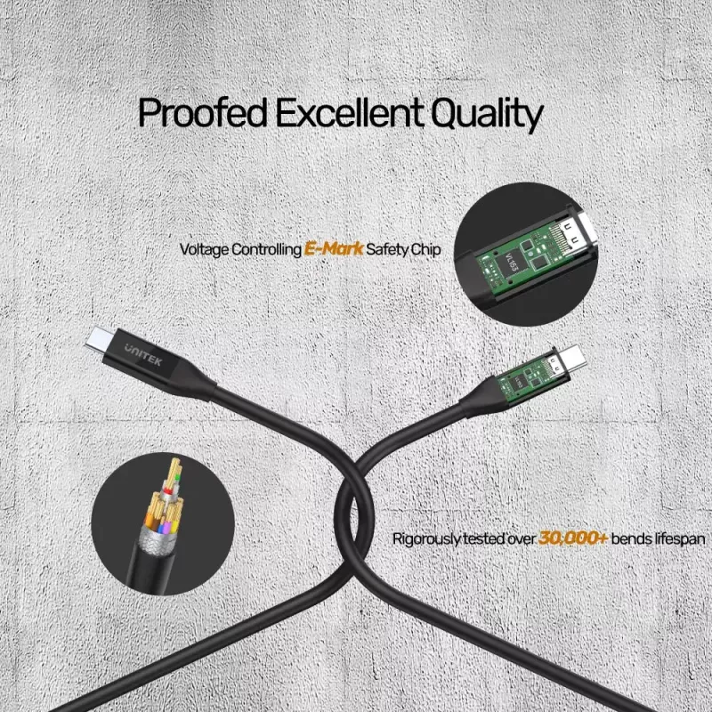 USB4 Gen 2x2 USB-C-kabel Unitek C14100BK-0.8M — 0,8 m, USB-C naar USB-C, 40 Gbit/s, zwart