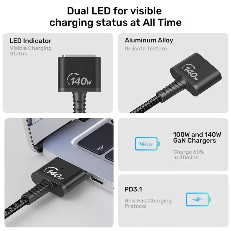 Stroomkabel UNITEK C14121BK-1M zwart MagSafe 3 USB C 1m 28V 5A