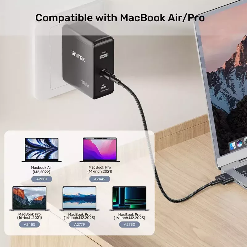 Stroomkabel UNITEK C14121BK-1M zwart MagSafe 3 USB C 1m 28V 5A
