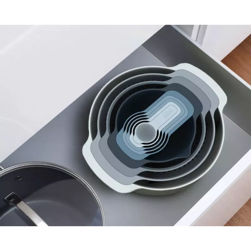 Set Joseph Joseph Nest stapelbaar blauw grijs 4,5 L schaal 1,65 L vergiet