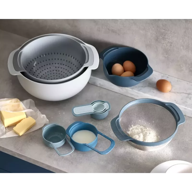 Set Joseph Joseph Nest stapelbaar blauw grijs 4,5 L schaal 1,65 L vergiet