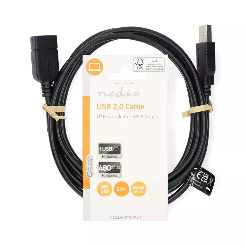 Nedis CCGL60010BK20 USB 2.0 verlengkabel, A male naar A female, 2 m, zwart