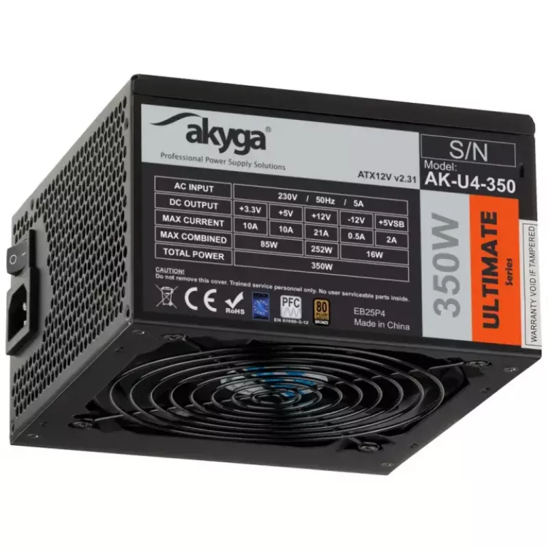 Akyga AK-U4-350 Ultimate 350 W ATX-voeding, 80 PLUS Bronze, actieve PFC, 120-mm-ventilator