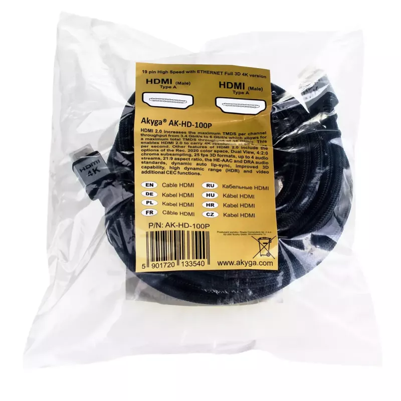 Akyga AK-HD-100P HDMI-2.0-kabel, omvlochten, PRO-serie, 10 m, zwart