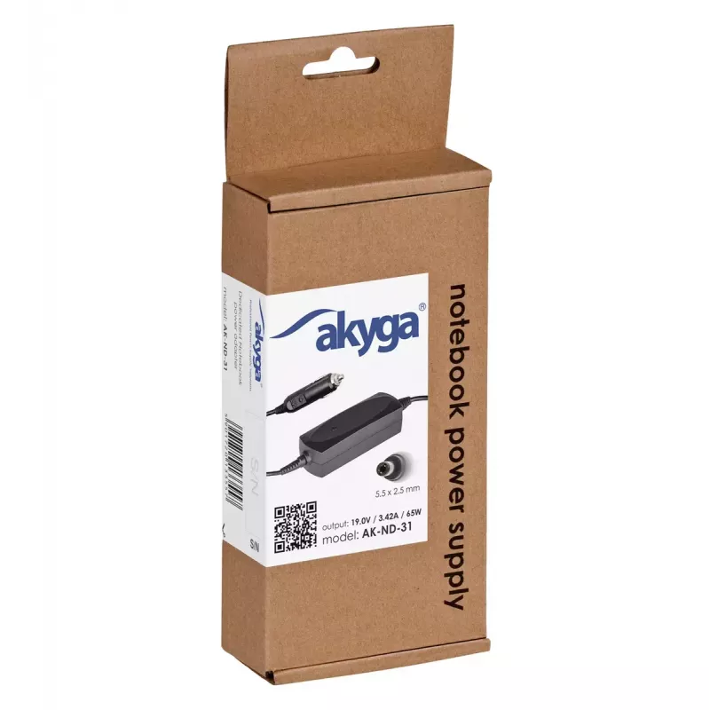 Akyga AK-ND-31 auto notebookvoeding voor Asus / Toshiba, 65 W, 19 V / 3,42 A, 5,5 x 2,5 mm, 12 V ingang