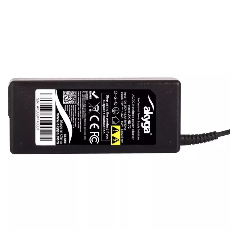 Akyga AK-ND-72 voeding voor Toshiba-laptops en Zebra-printers, 80 W, 19 V, 4,22 A, 5,5 x 2,5 mm