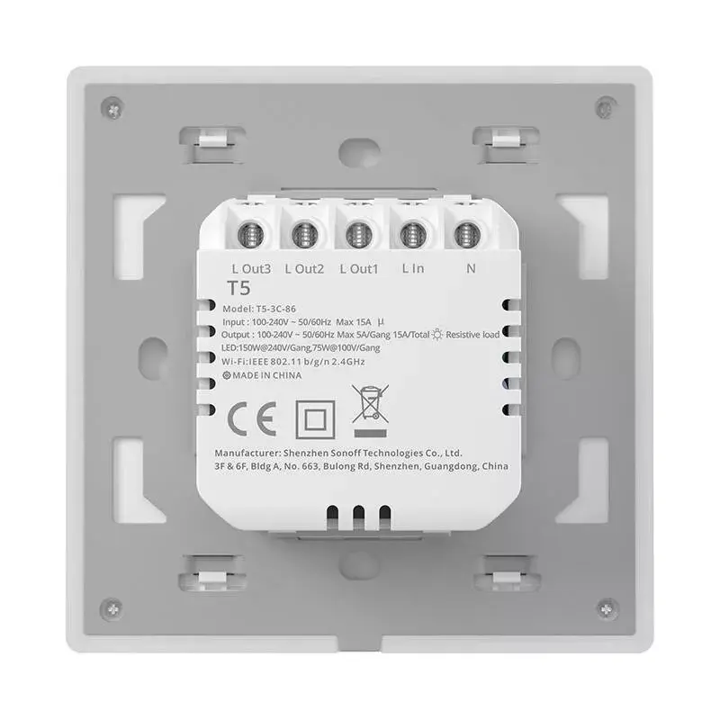 Wandgemonteerde slimme Sonoff WiFi-touchschakelaar TX T5 2C, 2-kanaals, touchpanelen voor twee stroomkringen