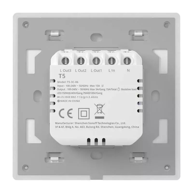 Wandgemonteerde slimme WLAN-touchschakelaar Sonoff T5 4C 4-kanaals (T5-4C-86)