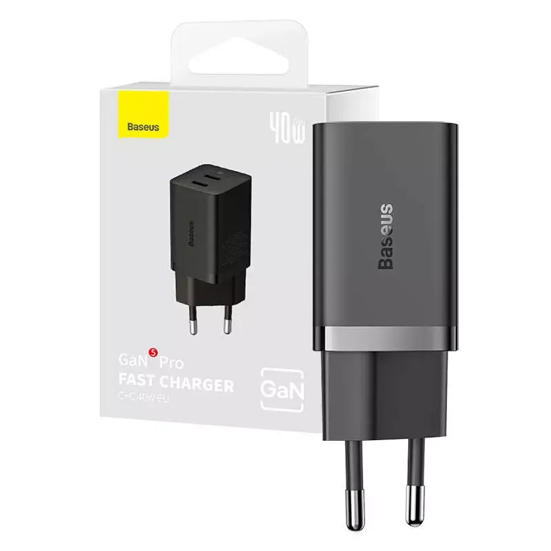 Baseus wandlader GaN5 40 W, 2x USB-C (zwart)
