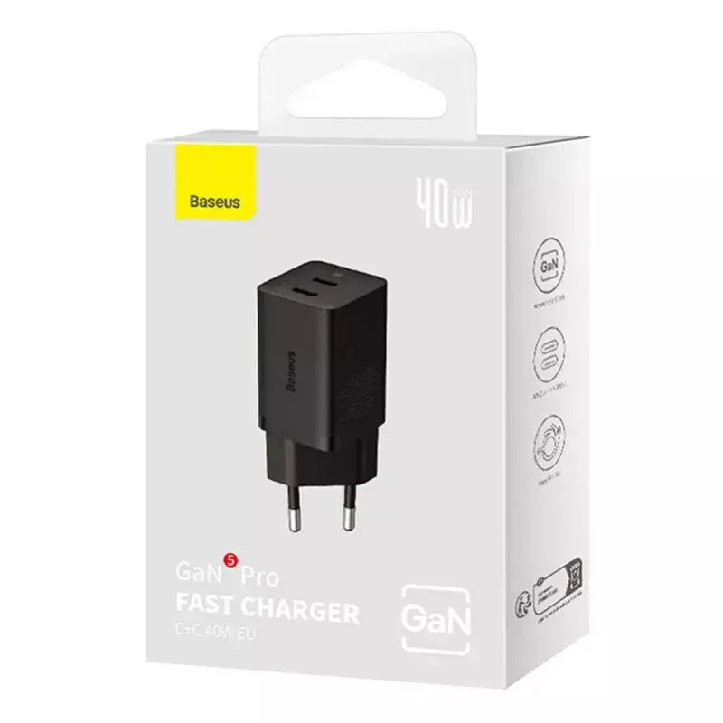 Baseus wandlader GaN5 40 W, 2x USB-C (zwart)
