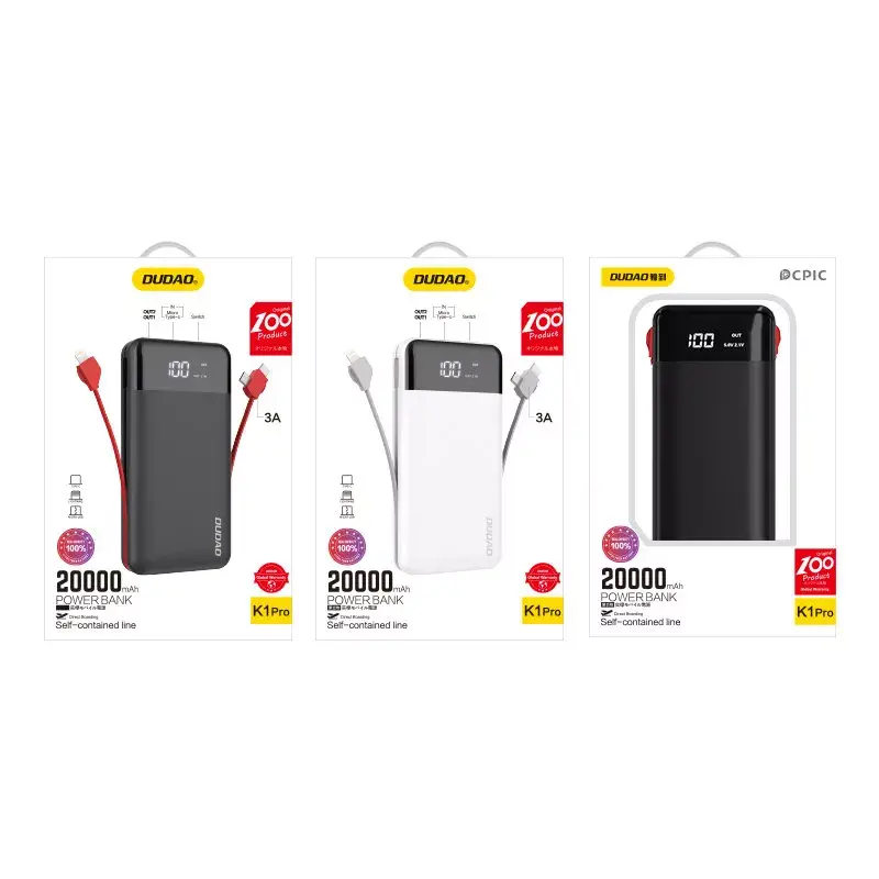 Powerbank Dudao K1Pro 20000 mAh 15 W met 4 geïntegreerde kabels, zwart