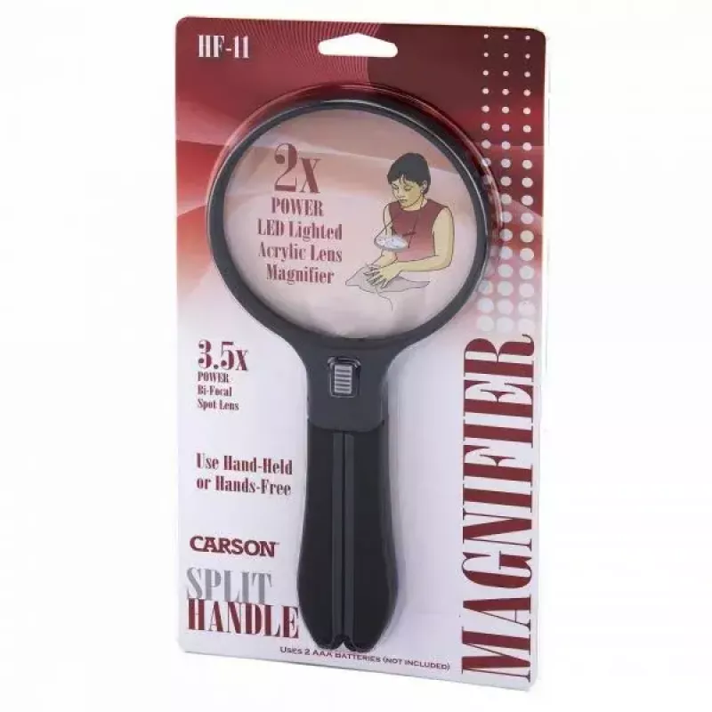 Vergrootglas Carson Split Handle HF-11 — 3,5× handloep, zwart/transparant, AAA-batterij