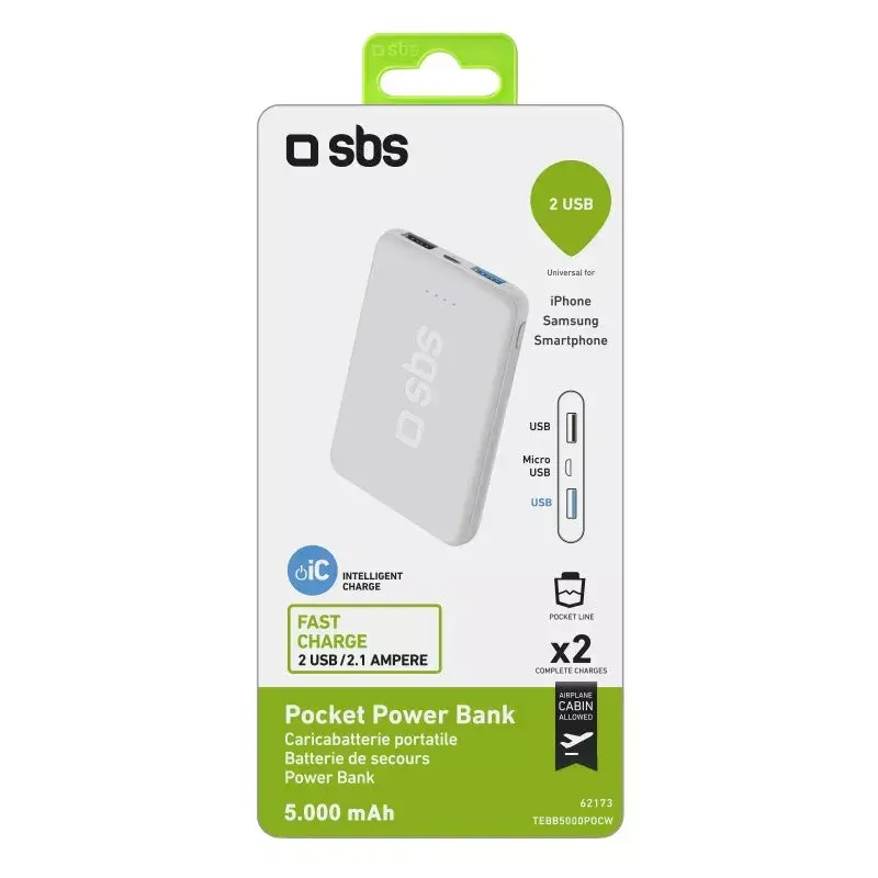 Draagbare powerbank SBS 5000 mAh, 5000 mAh accucapaciteit