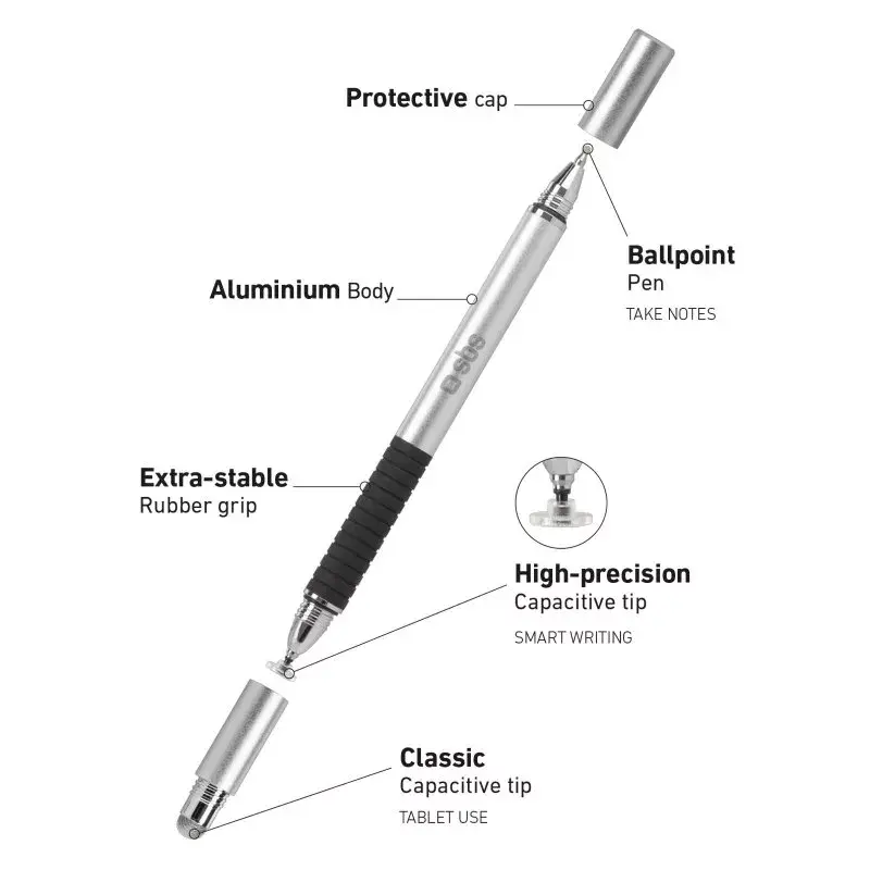 Stylus Pen SBS TTTATTOPROTRIO zwart zilver universeel mobiele compatibiliteit