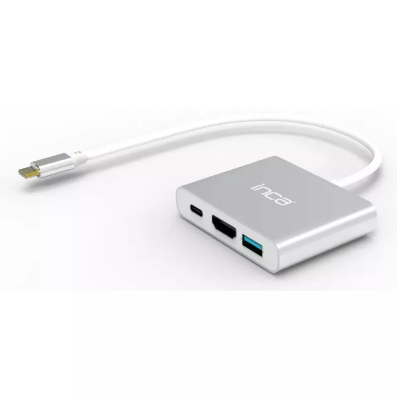 USB Type-C hub INCA ITPC-04T — HDMI, Thunderbolt 3, USB 3.2 Gen1, 5000 Mbit/s, 2160p, zilver/wit