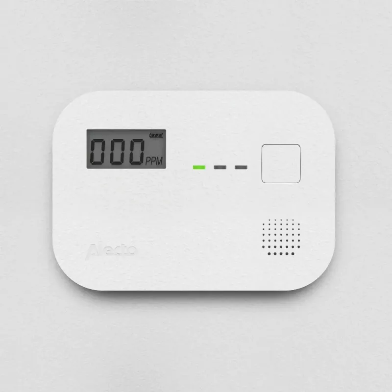 Koolmonoxidemelder Alecto COA3910 — elektrochemische CO-sensor, op batterijen, wit, 110×78×37 mm