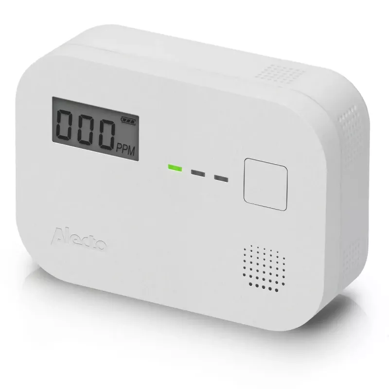 Koolmonoxidemelder Alecto COA3910 — elektrochemische CO-sensor, op batterijen, wit, 110×78×37 mm