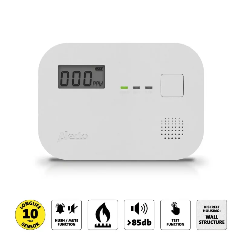 Koolmonoxidemelder Alecto COA3910 — elektrochemische CO-sensor, op batterijen, wit, 110×78×37 mm