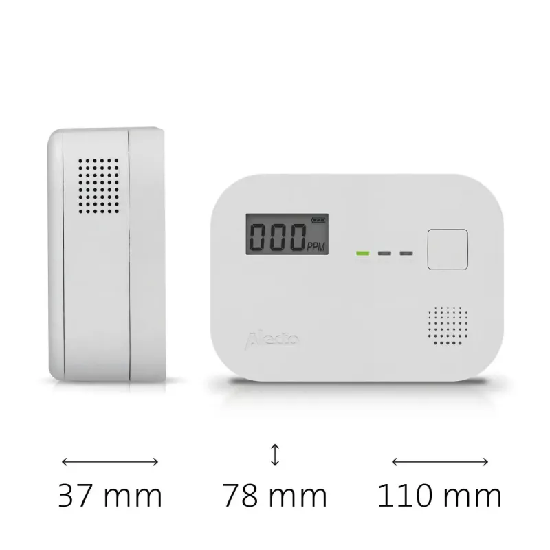 Koolmonoxidemelder Alecto COA3910 — elektrochemische CO-sensor, op batterijen, wit, 110×78×37 mm