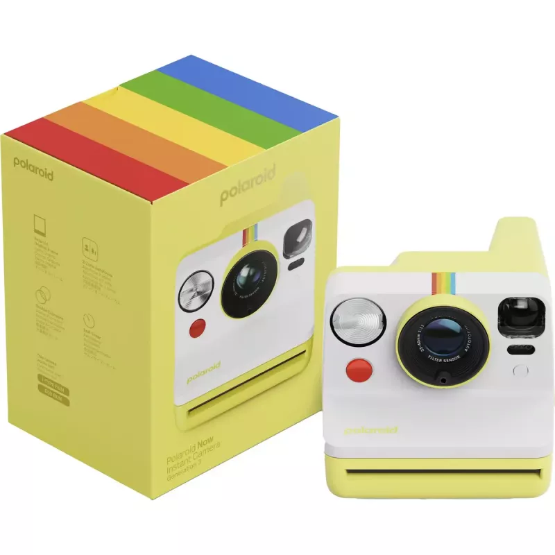 Sofortbildcamera POLAROID Now Gen 3 geel — model 9158, analoge instantcamera, ingebouwde flitser