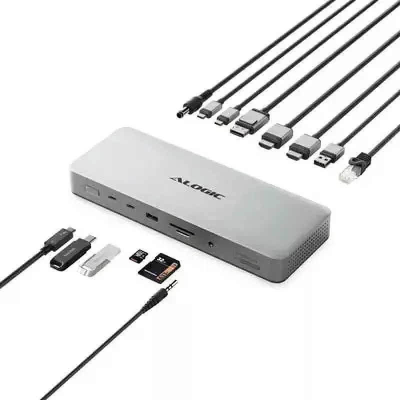 Laptop-dock / poortreplicator ALOGIC TB4DU4 — bekabelde Thunderbolt, 96 W, SD-/microSD-kaartlezer, 3,5 mm, aluminium/ABS