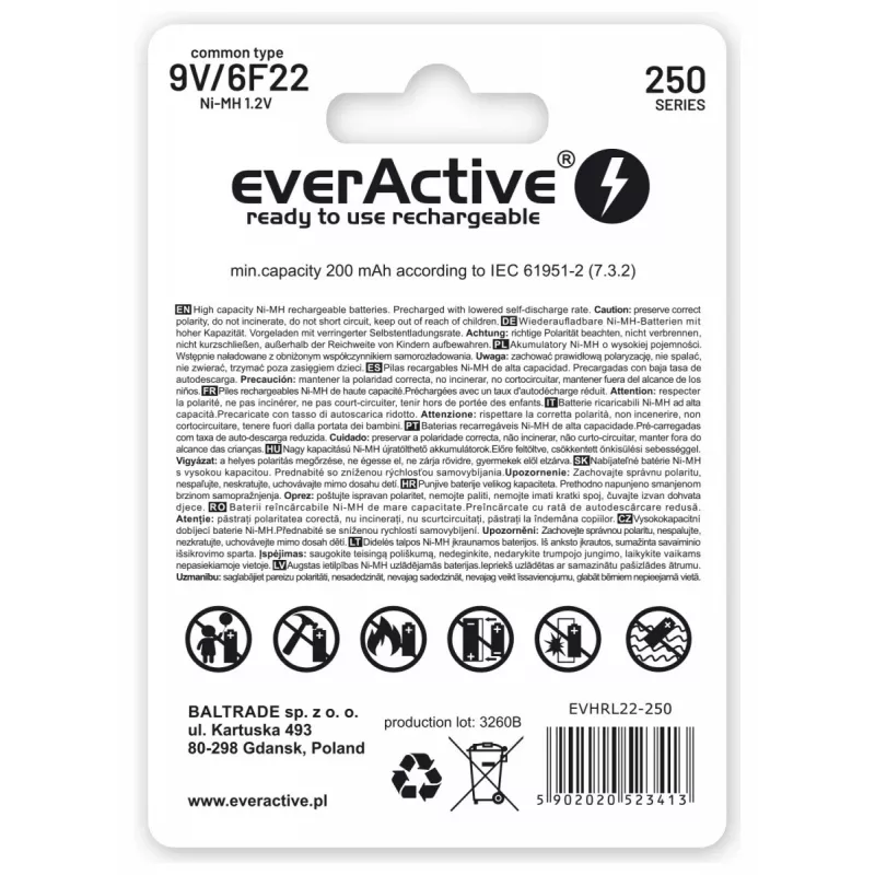 Oplaadbare batterijen everActive Ni-MH 6F22 9V 250 mAh Silver Line