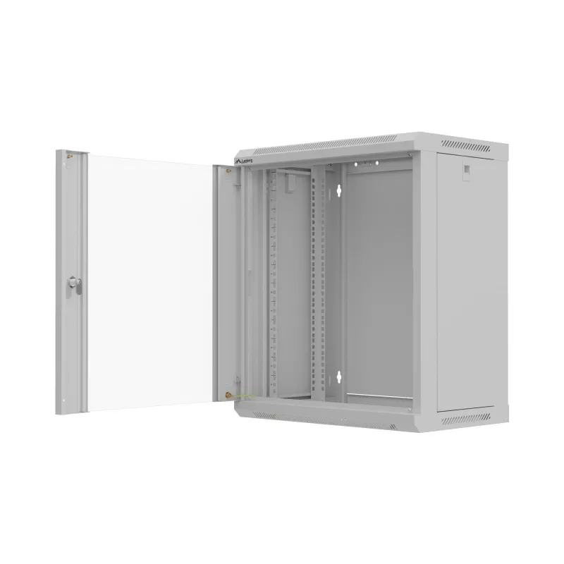 Rackkast wandmontage 19 inch 12HE 540x350 grijs glazen deur (flat pack)