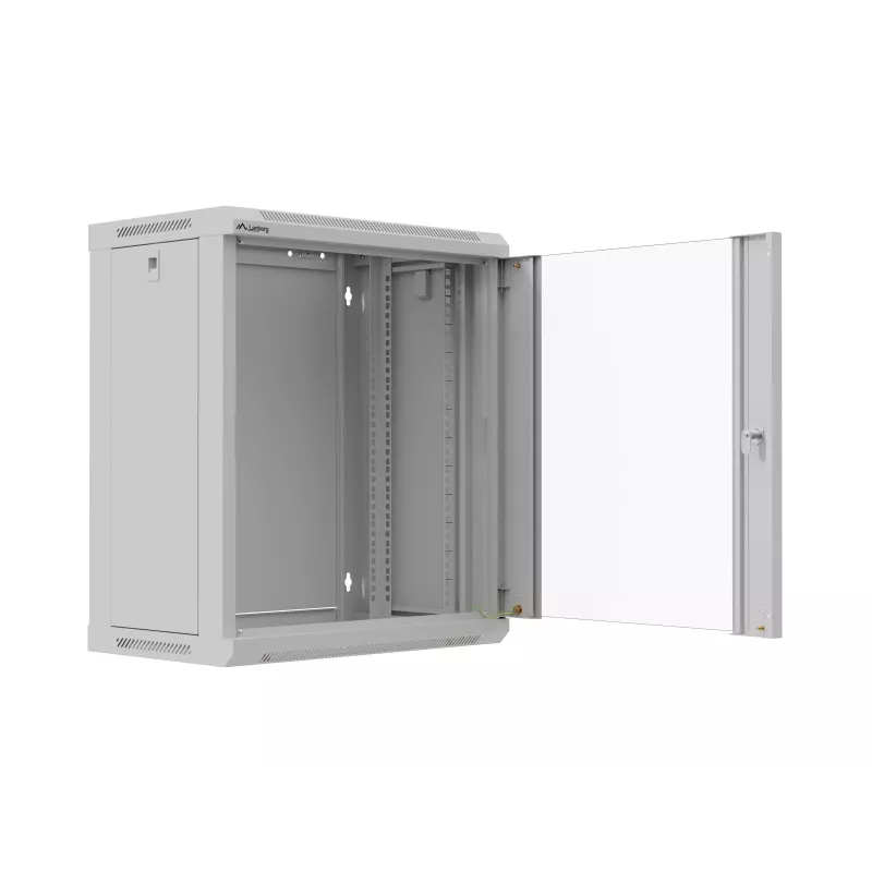 Rackkast wandmontage 19 inch 12HE 540x350 grijs glazen deur (flat pack)