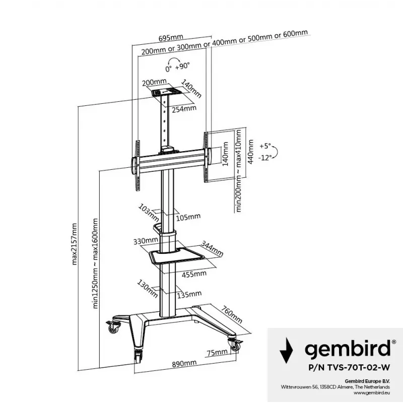 TV-standaard vloerstandaard 37-70/WEISS TVS-70T-02-W Gembird