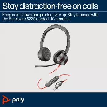HP Poly Blackwire 8225 stereo USB-C headset +USB-C/A adapter