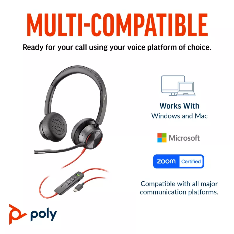 HP Poly Blackwire 8225 stereo USB-C headset +USB-C/A adapter