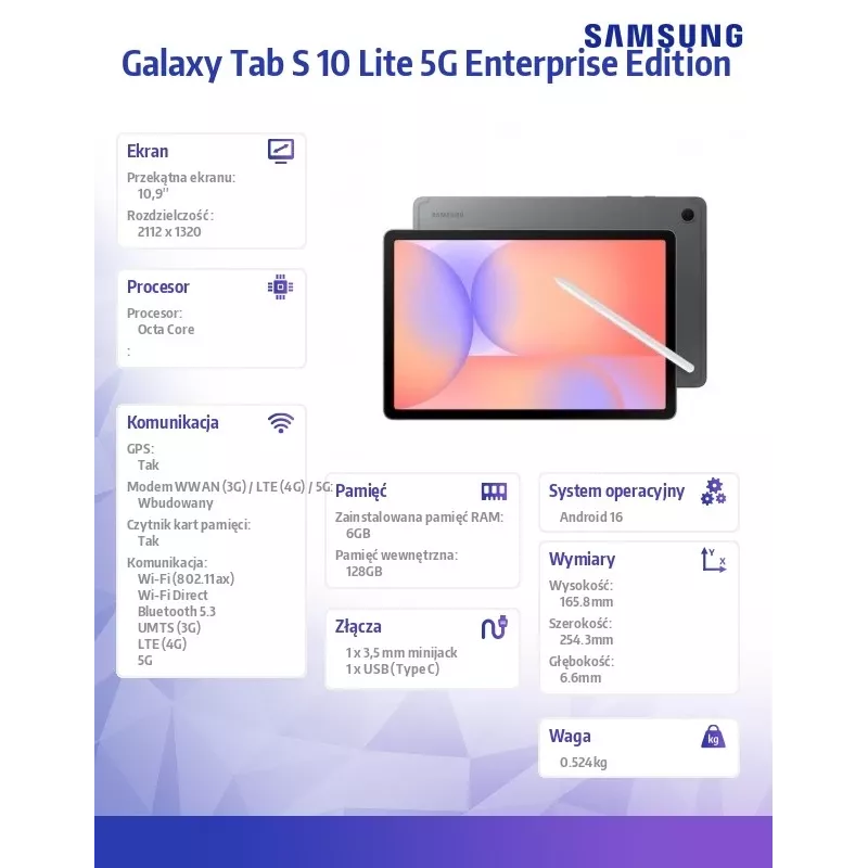 Tablet Galaxy Tab S 10 Lite X400EE 10,9 inch 5G 6/128GB Enterprise Edition grijs