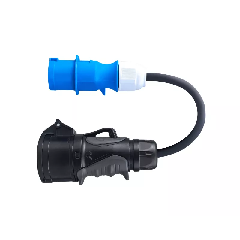 Adapter van rode 16A 400V CEE-koppeling 5-polige bus naar blauwe 16A 230V CEE 3P