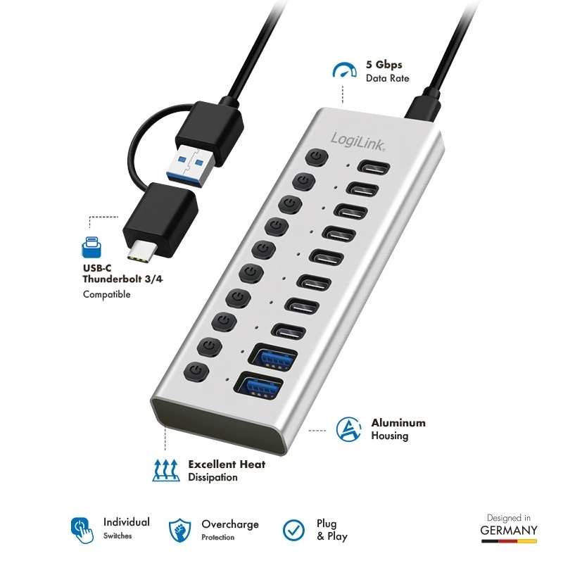 Hub USB3.2 Gen1 10 poorten USB-A/C, aan-/uitknop