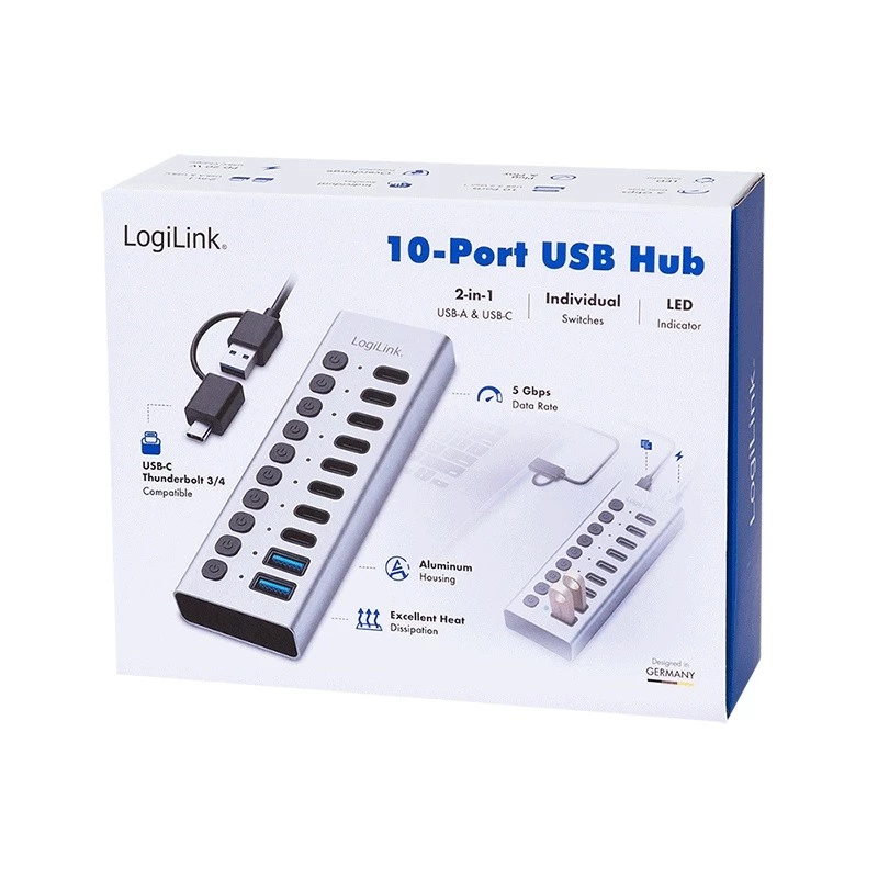 Hub USB3.2 Gen1 10 poorten USB-A/C, aan-/uitknop
