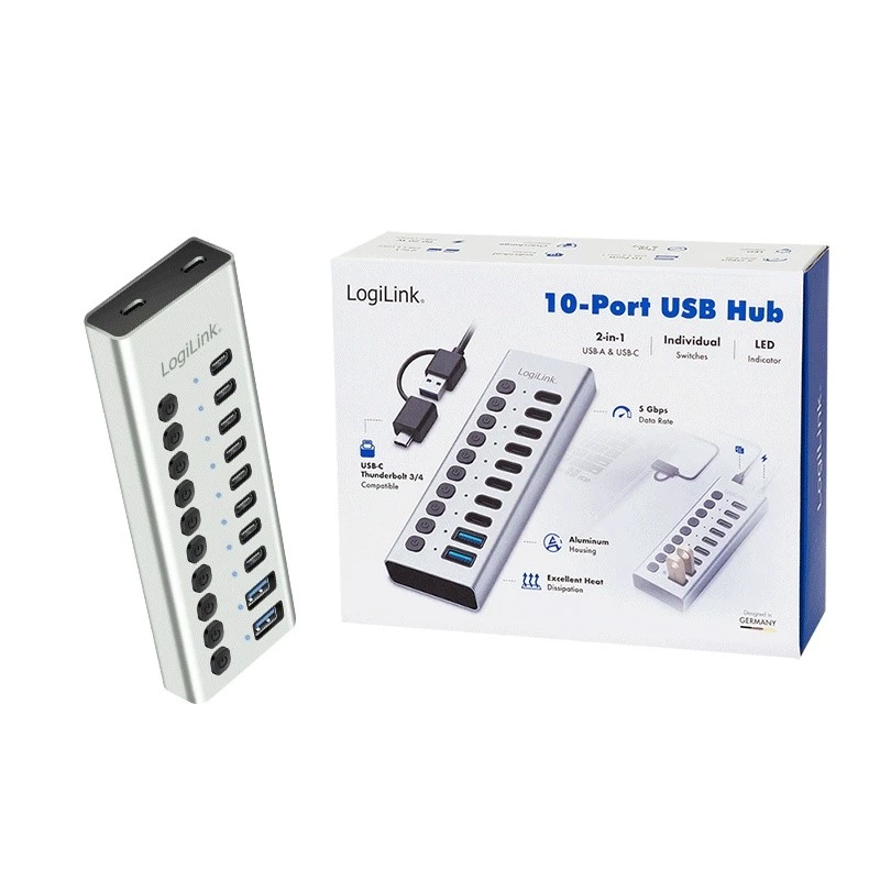 Hub USB3.2 Gen1 10 poorten USB-A/C, aan-/uitknop