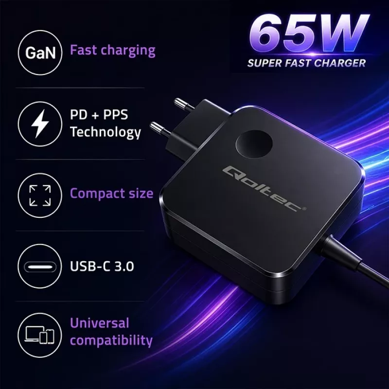 GaN 65W oplader USB-C PD PPS 5V 21V 3A 3.25A