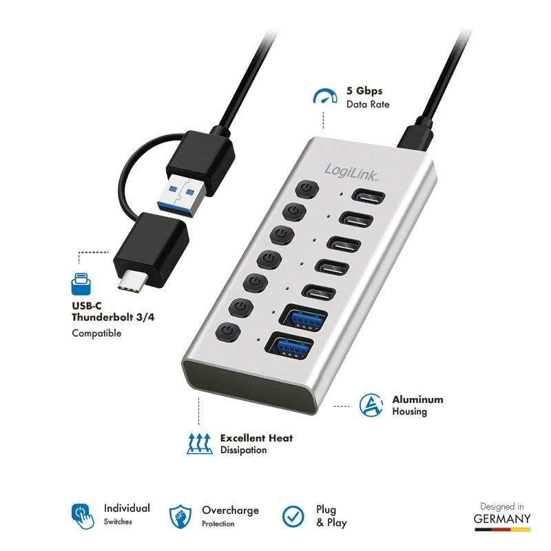 Hub USB 3.2 Gen1 7 poorten USB-A/C, aan-/uitschakelaar