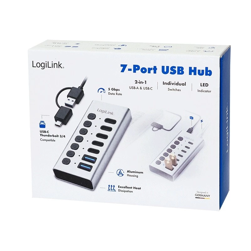 Hub USB 3.2 Gen1 7 poorten USB-A/C, aan-/uitschakelaar