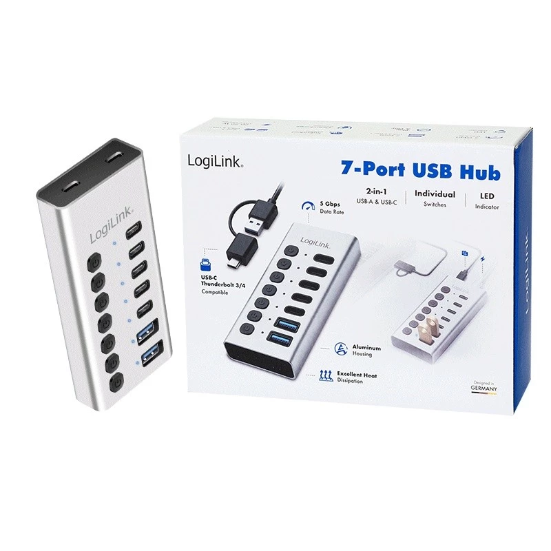 Hub USB 3.2 Gen1 7 poorten USB-A/C, aan-/uitschakelaar